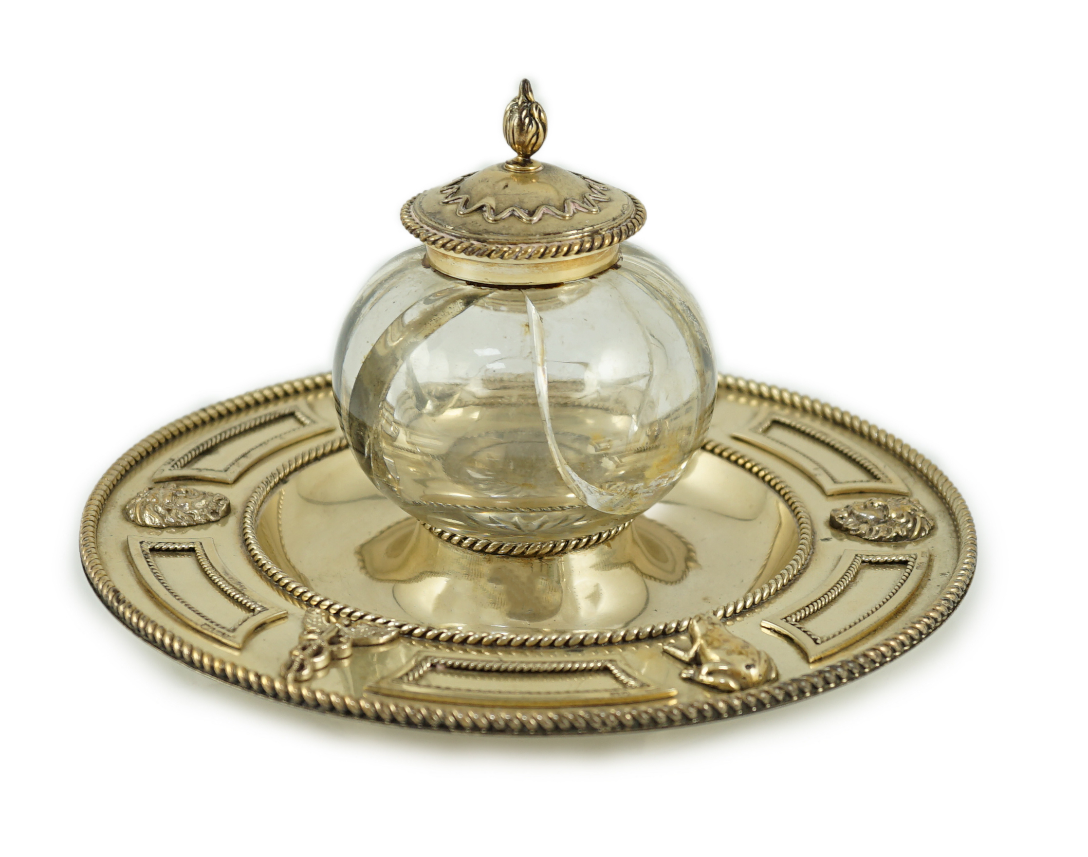 A Victorian silver gilt circular inkstand, by Robert Hennell III